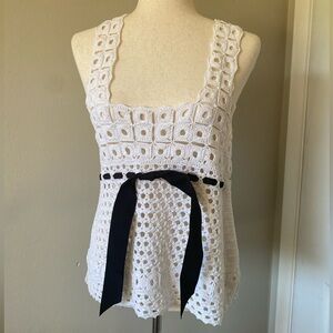 Robert Rodriguez White Crochet Top with Black Ribbon